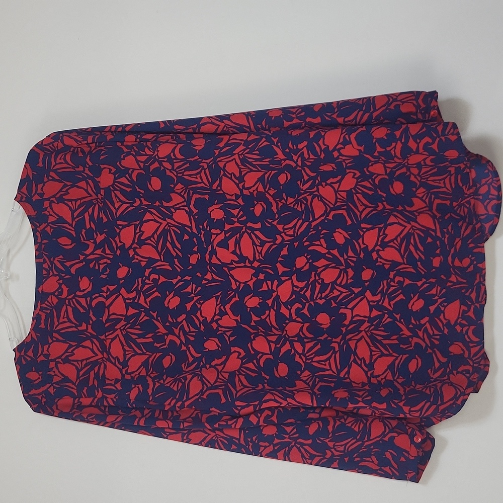 TALBOT'S Blue Red Floral Pintuck Front Keyhole Neckline Long Sleeve Blouse - Picture 4 of 11